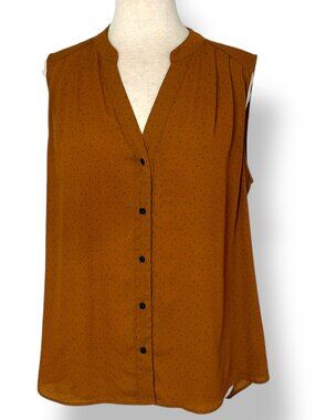CABi Dotty Burnt Orange Blue Dots Style #3988 Button Up Sleeveless Top Sz L